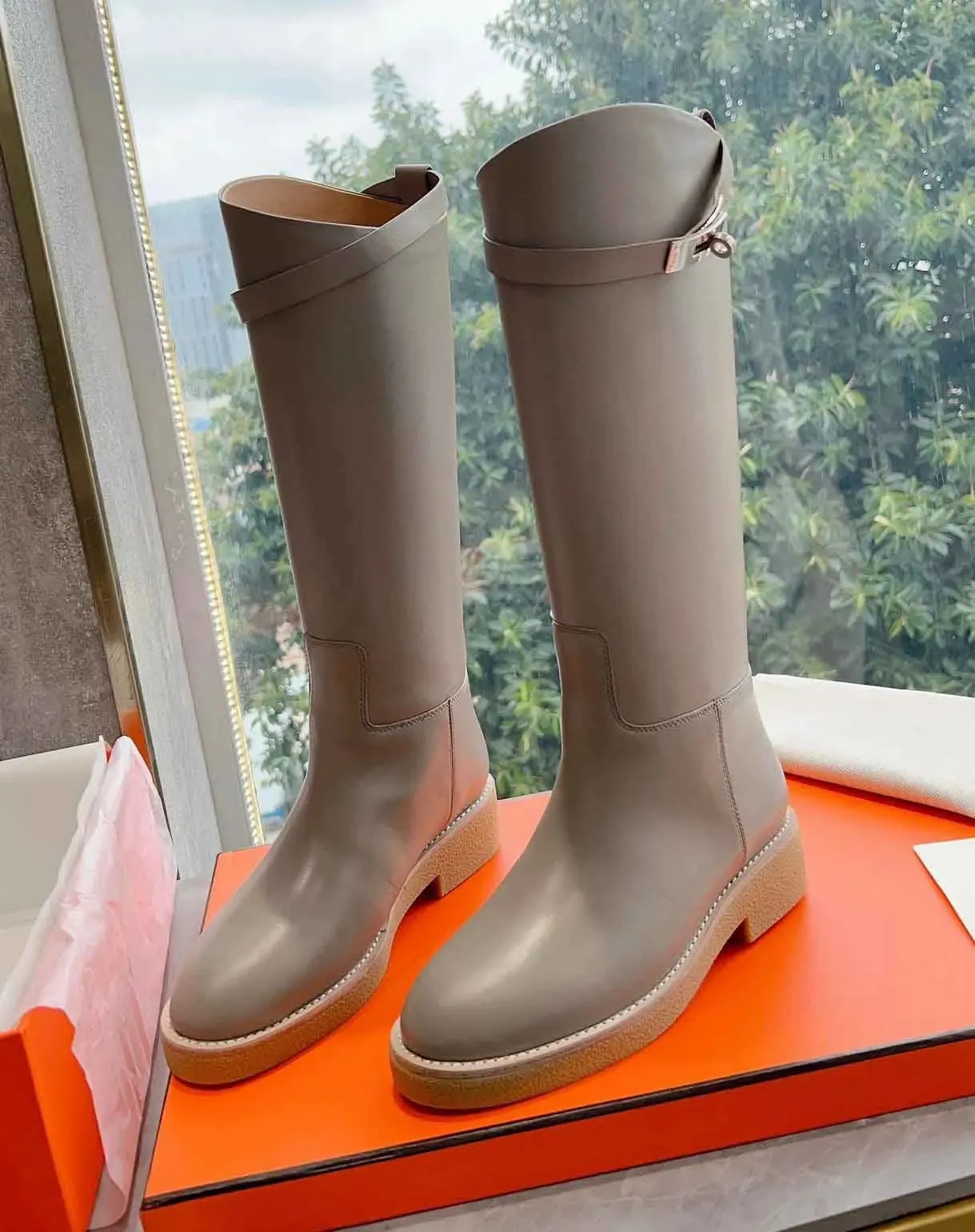 Winter Brand Women Variation Tall Boots Black Calfskin Leather Jumping Rubber Sole Long Knee Boot Wrap-around Ankle Strap Lady
