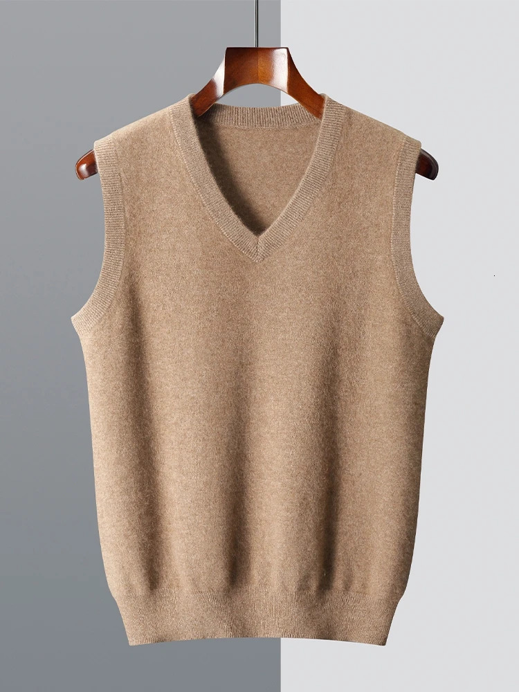 Men Wool Vneck Sweater Vest Pullover Autumn Winter Basic Casual Cashmere 100 Merino Knitted Soft Sleeveless Waistcoat Top 241129