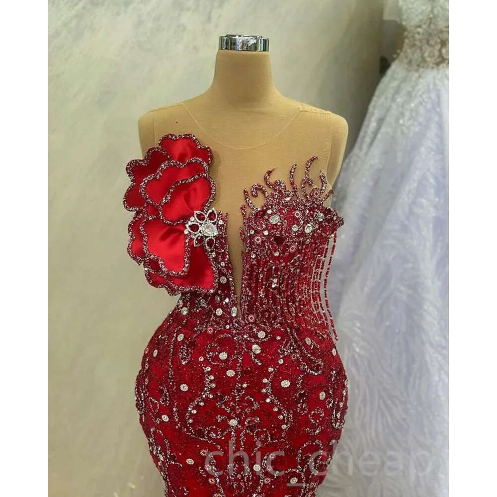 Aso Ebi Mermaid Red April Prom Dress Beaded Crystals Sexy Evening Formal Party Second Reception Birthday Engagement Gowns Dresses Robe De Soiree Zj Es