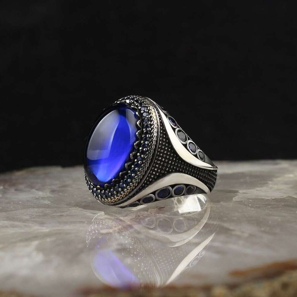 Hecheng sells patterned blue antique silver geometric rings with exquisite jewelry straight