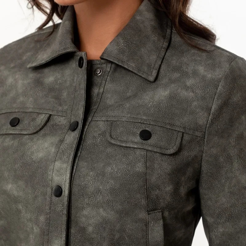 BTQWFD Womens Pu Faux Motor Biker Leather Jackets Slim Coat with Pockets Button Female Outwear Tops 2024 Spring Autumn Winter 241129