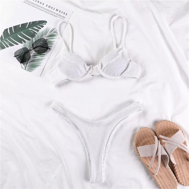 Womens Swimwear Ribbed Underwired High Cut Bikini Swimsuit Female Women Two-pieces Set Thong Bather Bathing Suit Swim V2697SW