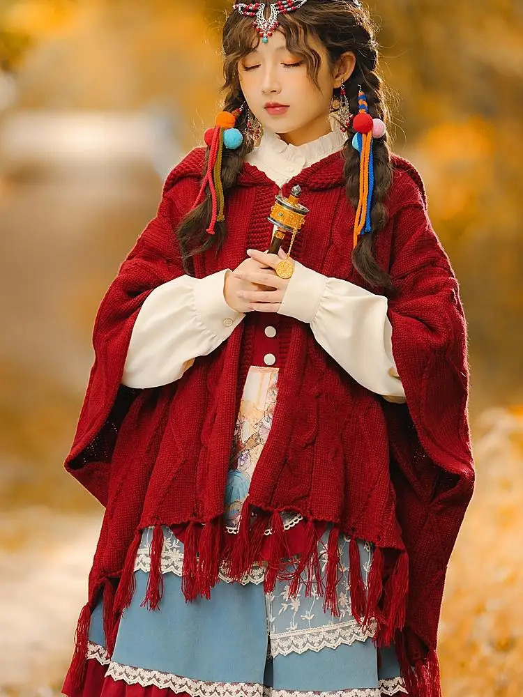 Hikigawa Autumn/Winter Retro Red Knitted Shawl Coat Womens Hooded Tassel Open cardigan Top Unprinted Good Product 241128