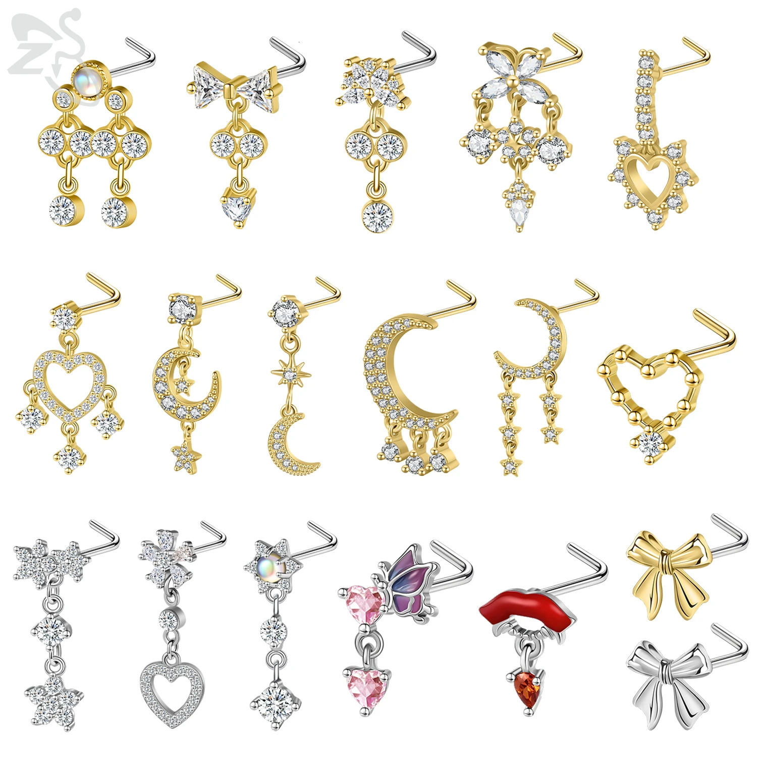 ZS 1 Piece Shiny CZ Crystal Nose Stud 20G L Shaped Stainless Steel Piercings Flower Butterfly Heart Shape Nostril Piercing 241125