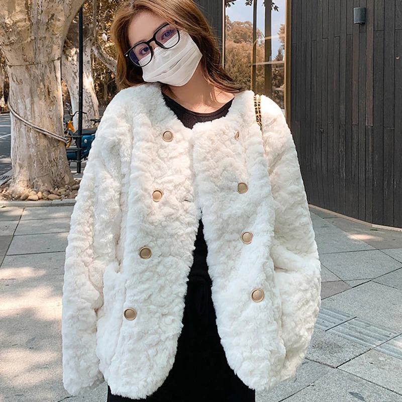 Y2K Faux Wool Women Coat Korean Sweet Warm Long Sleeve Female Autumn All Match Pockets Chic Ladies Casual Jacket 241129