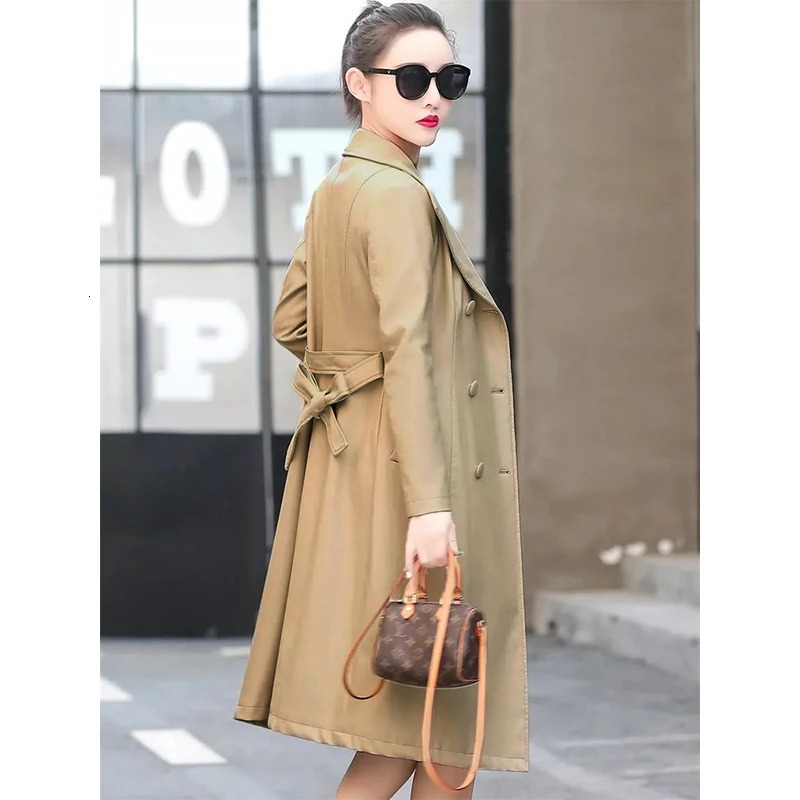 Lautaro Autumn Black Waterproof Pu Leather Trench Coat for Women Long Sleeve Belt Double Breasted Fashion 241129