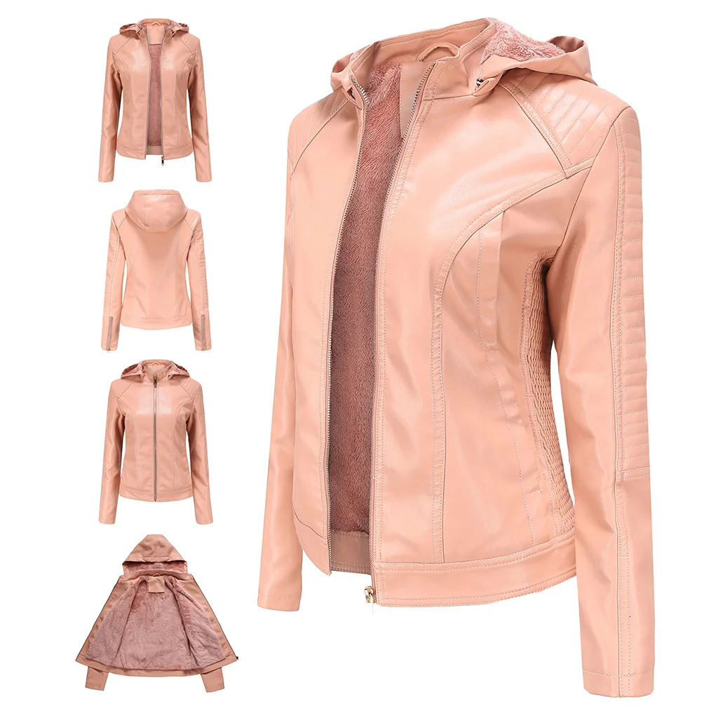 2025 Autumn Winter Womens Leather Jacket Female Plus Velvet Warm Hooded Zipper Ladys Slim Coat Outwears 241129