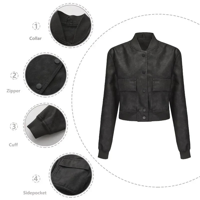 BTQWFD Womens Clothing Coat PU Faux Leather Casual Moto Biker Jackets Single Breasted Outwear 2024 Female Long Sleeve Winter 241129