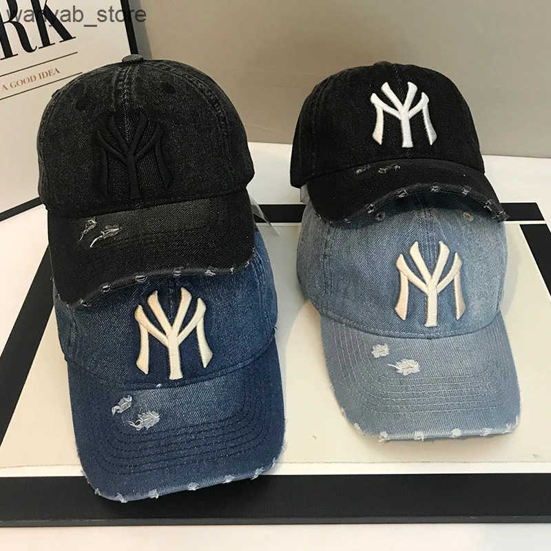 Ball Caps Retro mens denim baseball cap 3D embroidered hole denim cap womens fashionable Distressed adjustable snap cap dad cap L240910