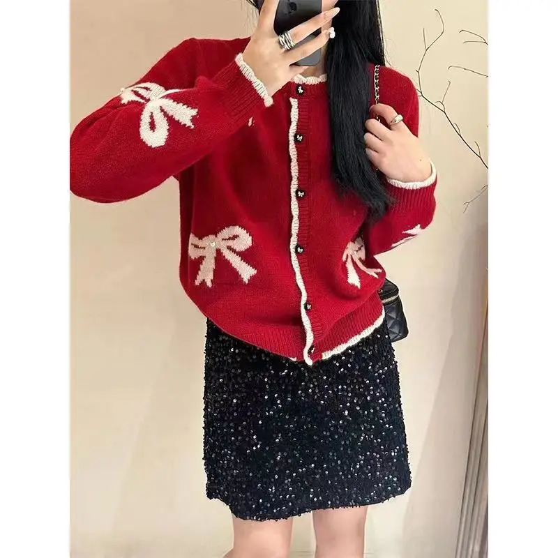 Comprehensive Youth Knitted Open Knitted Woolen Sweater Autumn Style Long Sleeve Bow Printed Korean Sweater Top Fashion Sweet Womens Wear 241128