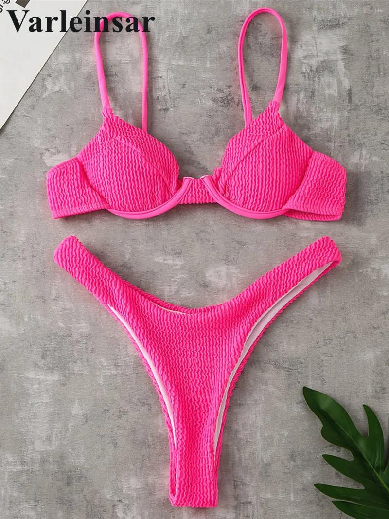 Womens Swimwear Ribbed Underwired High Cut Bikini Swimsuit Female Women Two-pieces Set Thong Bather Bathing Suit Swim V2697SW