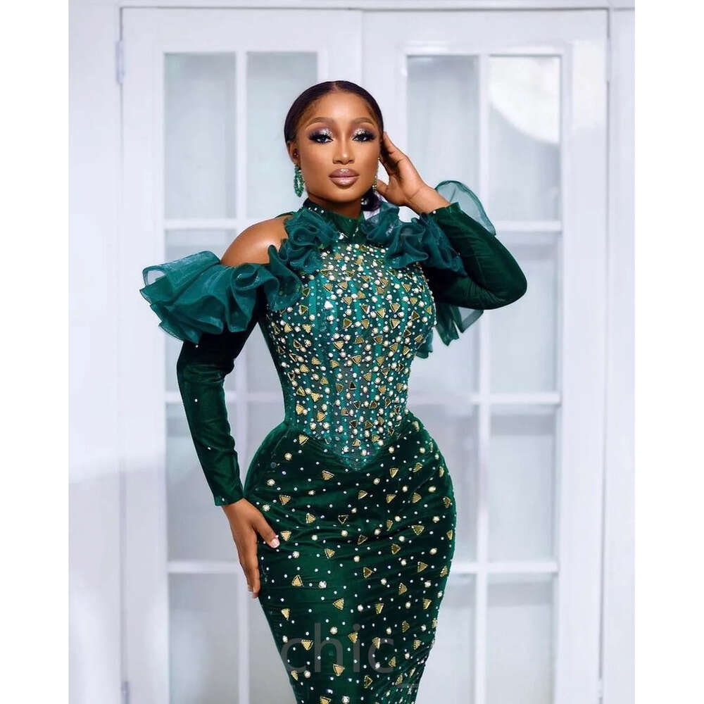 Dark Ebi Green Aso Arabic Prom Dresses Beaded Crystals Sheath Evening Formal Party Second Reception Birthday Engagement Gowns Dress Zj 6660306