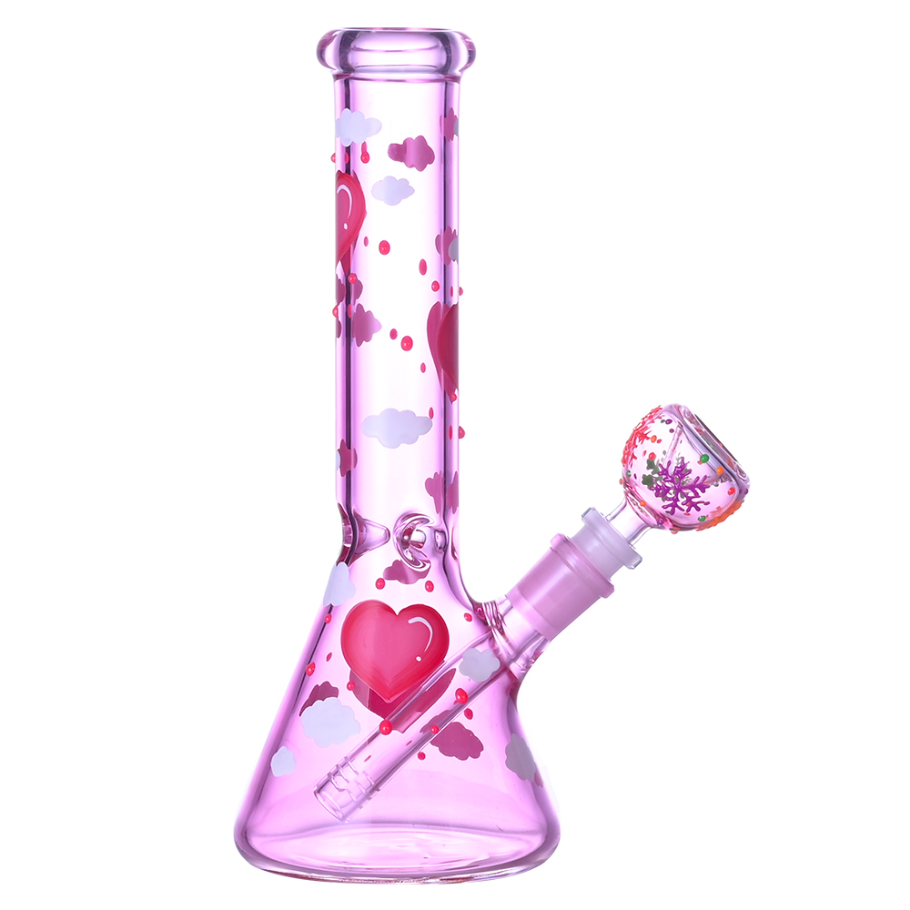 Glass Beaker Bong,Handdrawn Cartoon Love & Cloud Pattern,Glow In The Dark,Borosilicate Pink Glass Water Pipe,Glass Hookah,Valentine's Day Gift,Sm