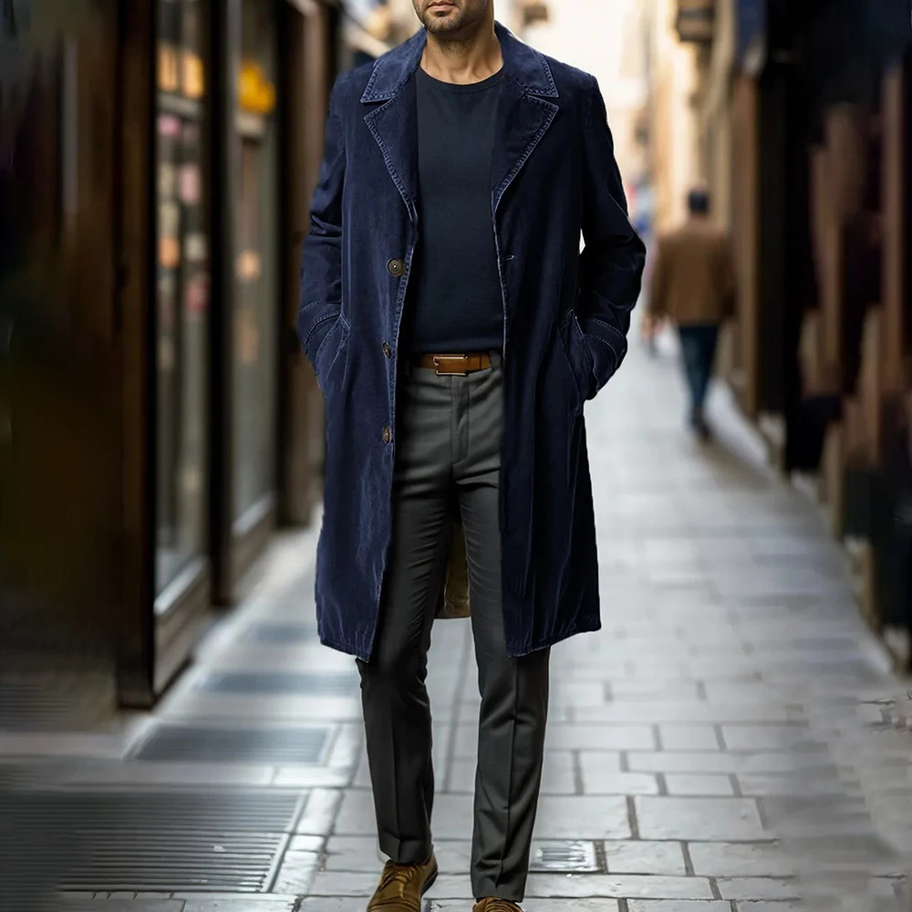 Autumn Winter Style Windbreaker MenS MidLength Corduroy SingleBreasted Suit Collar Fashion Trend Casual Simple Jacket Men 241129