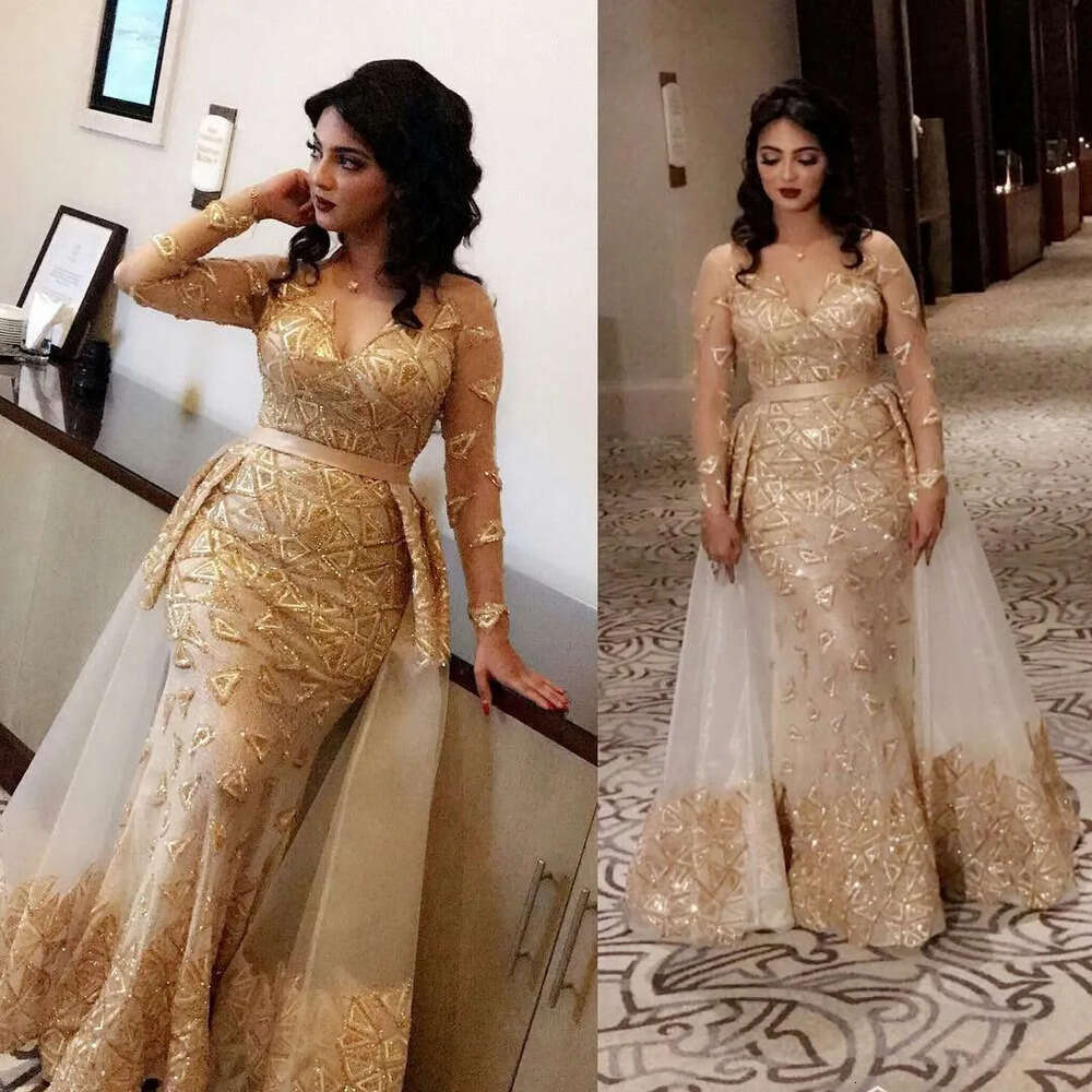 Luxurious Gold Ebi Aso Arabic Sexy Evening Sheer Neck Lace Beaded Prom Dresses Mermaid Formal Party Second Reception Gowns Zj