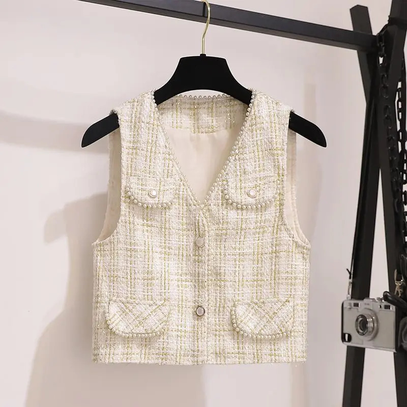 Xiaoxiangfeng Spring Autumn Outfits Early 2024 Elegant VNeck Pearl Vest French Style Bowknot Dress Two Piece Set 241129