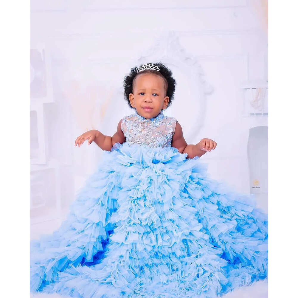 Flower Lace Sky Dresses Blue Ball Gown Tulle Tiers Vintage Little Girl Peageant Dress Gowns Zj S