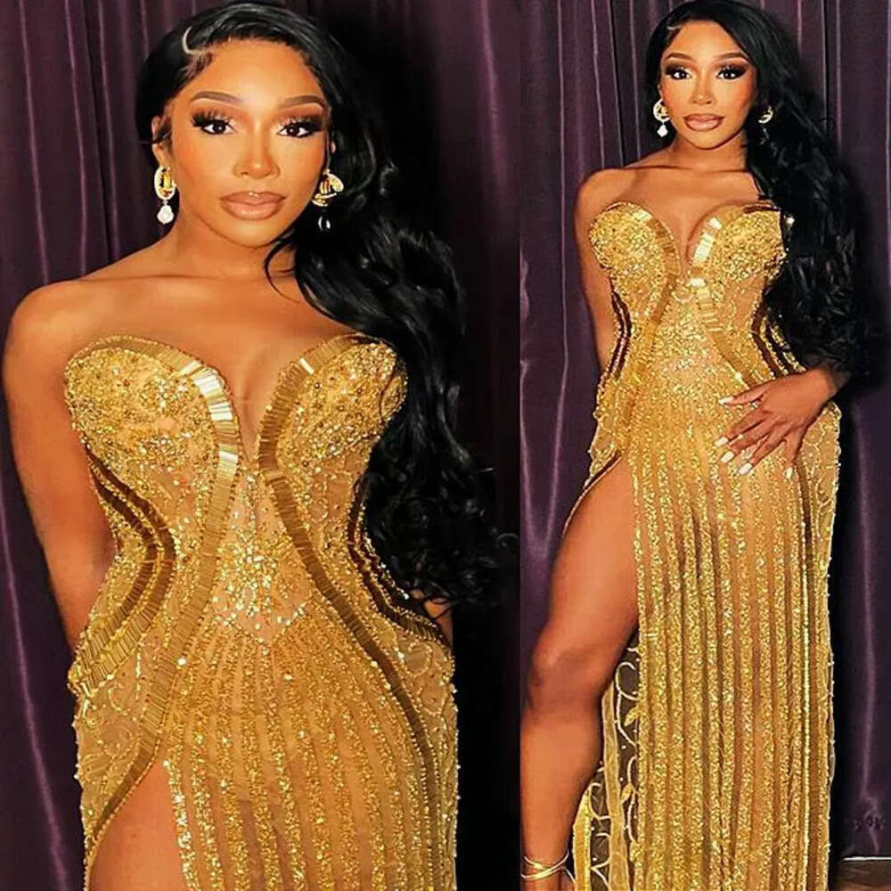 Ebi Gold Sheath Aso August Prom Dress Beaded Sequined Lace Evening Formal Party Second Reception Birthday Engagement Gowns Dresses Robe De Soiree Zj E