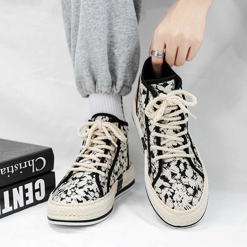 Autumn mens board shoes high top floral niche fashion trend lace up sports board shoes skateboard shoes mens shoes M241129