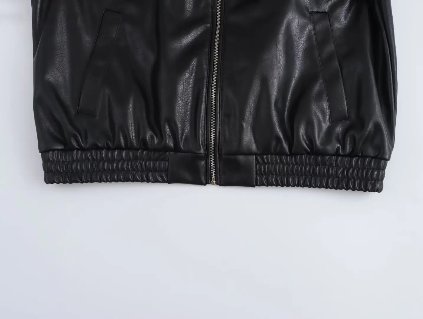 TRAF Faux Leather Bomber Jackets Woman 2024 Black Pleated for Women Fall Zipper Womens Jacket Long Sleeve 241129