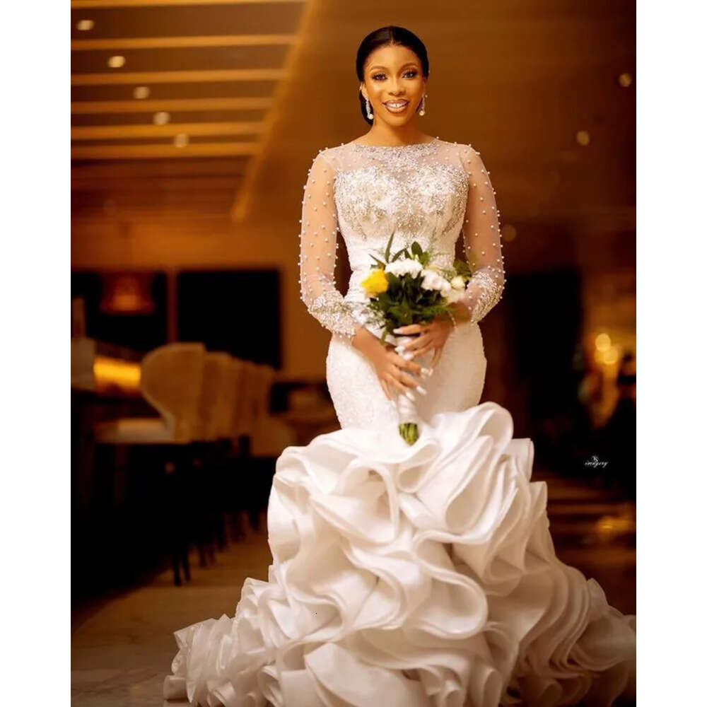 Aso Ebi Lace Crystals Exquisite 2024 Wedding Sheer Neck Beaded Tiers Bridal Gown 0218