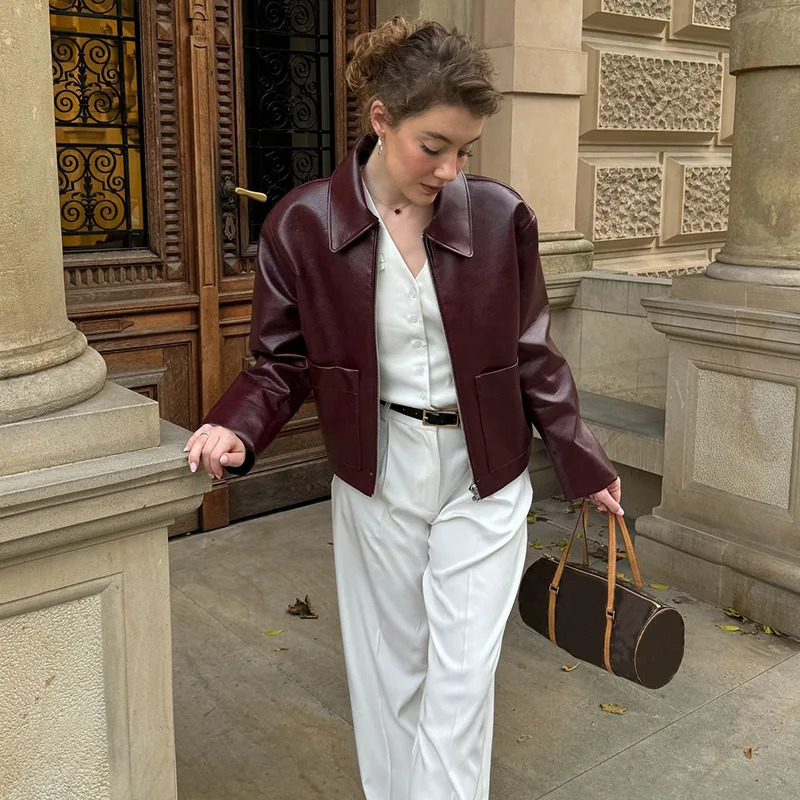 Womens Faux PU Leather Jackets Coat Autumn Winter 2024 Zip Up Streetwear Chic Vintage Burgundy Retro Motocycle Polo Outerwears 241129