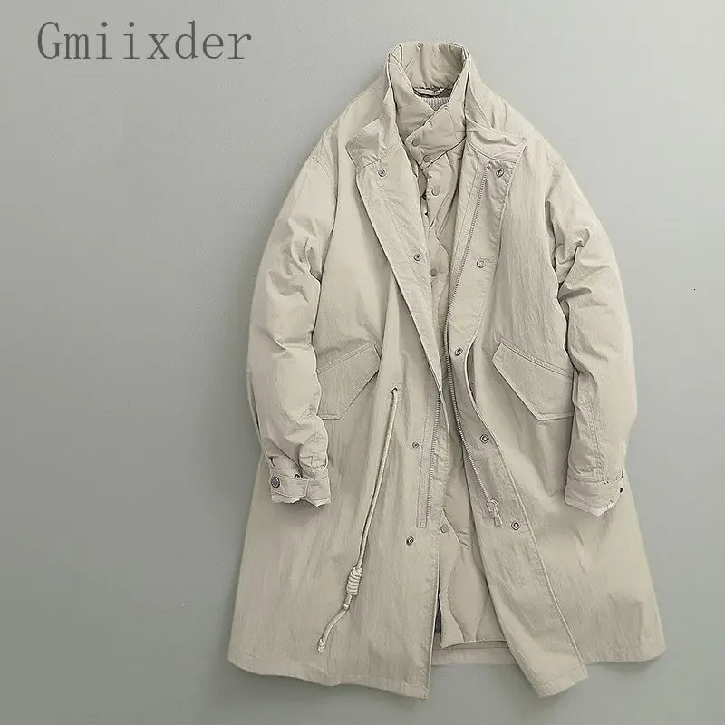 Winter Japan Vintage Two Piece Inner Pot Parkas Unisex Standing Collar Long Padded Coat Cityboy Simple Thicken 241129