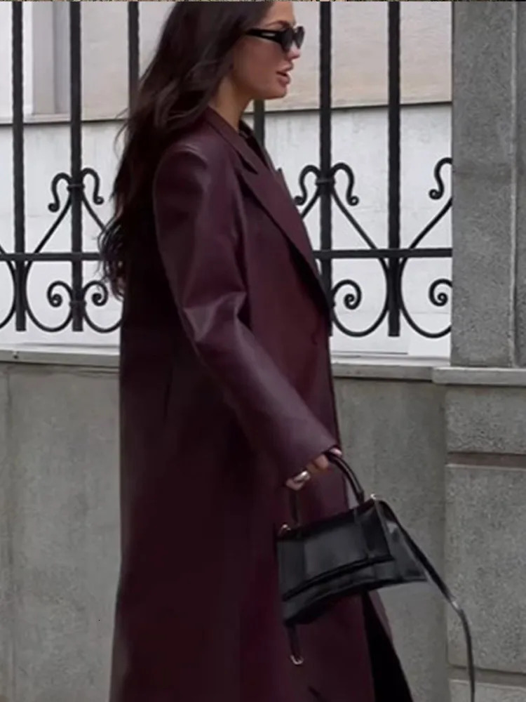 Elegant Burgundy One Button Leather Overcoats For Women Fashion Flip Pockets Loose Solid Jackets 2024 Lady Chic Street Outerwear 241129