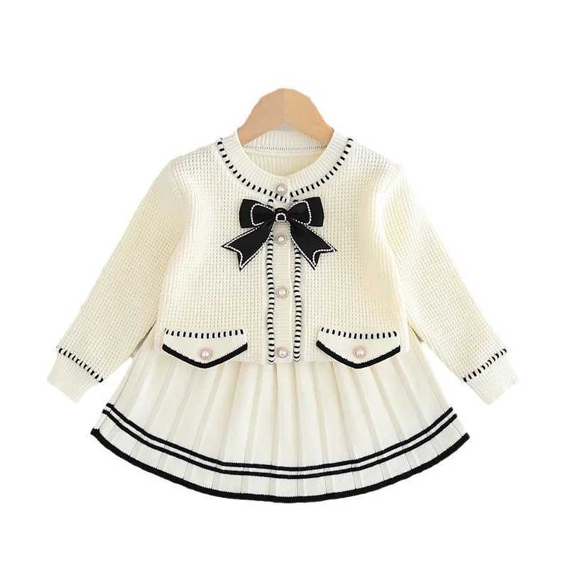 Clothing Sets Little bow knit sweater cardigan for girls+skirt Autumn and winter sweater cardigan two-piece set girls sweater Y241129FNNQ