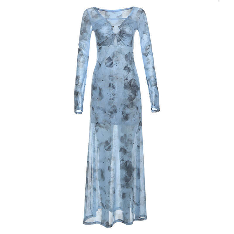 Wind 2024 Summer New Women's Elegant V-neck Blue Spot Pattern Long Sleeve Slimming Dress