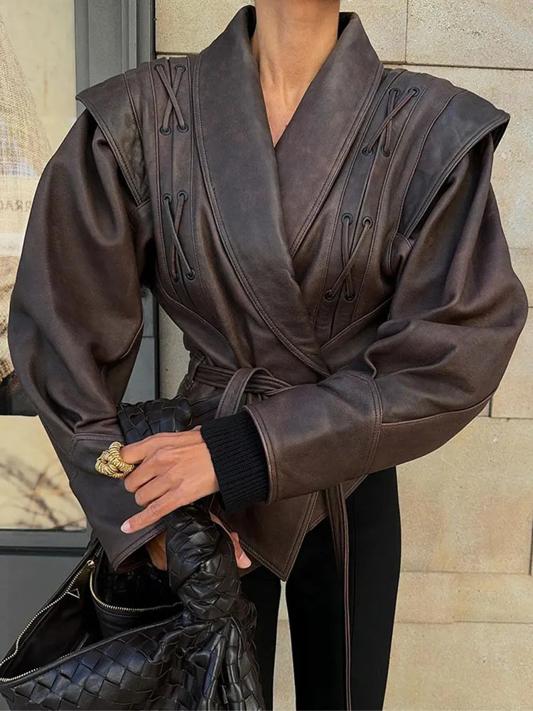 2024 Vintage Lapel Laceup Leather Jacket Chic Solid Long Sleeves Pockets Short Coats Autumn Lady Fashion Streetwear 241129