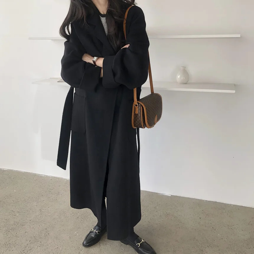 2024 Winter Korean Khaki Woolen Coat Women Mid Waist Tie Jacket Daily Street Casual Coats Clothing 241129