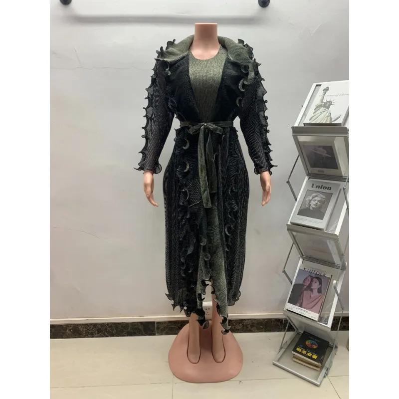 2024 Womens Dress Set with Mushroom Lace Long Sleeve Mesh Coat Large Size Tank Top Skirt Tight Sexy Two Piece 241129