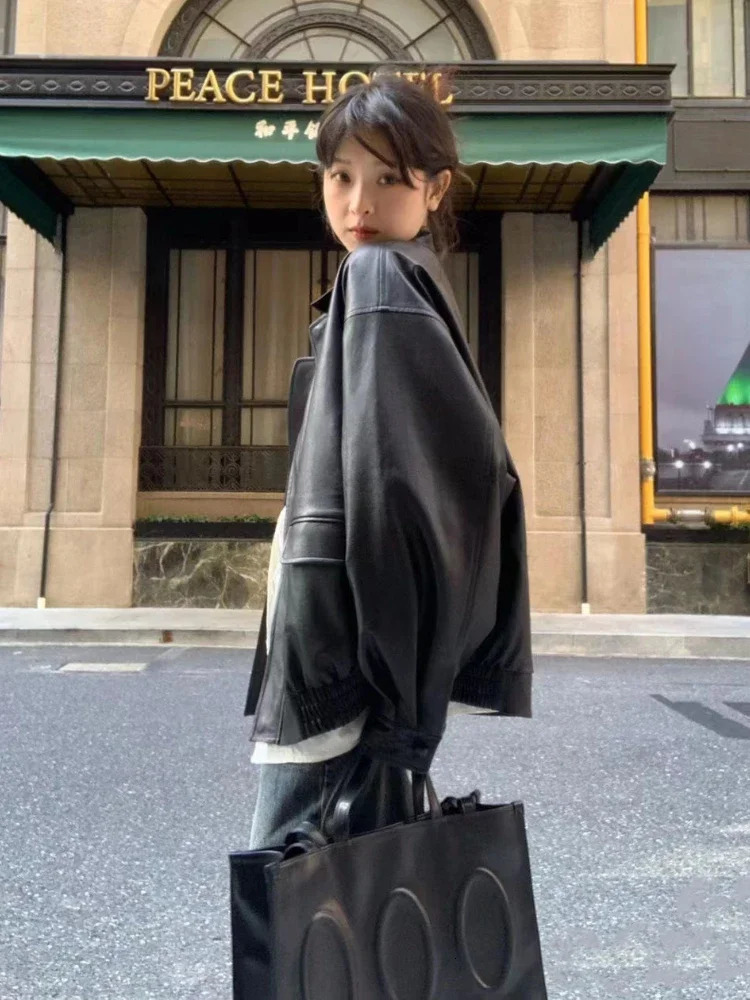 Vintage PU Leather Jacket Women High Street Techwear Oversized Moto Biker Coats BF Punk Loose Casual Cropped Outerwear 241129