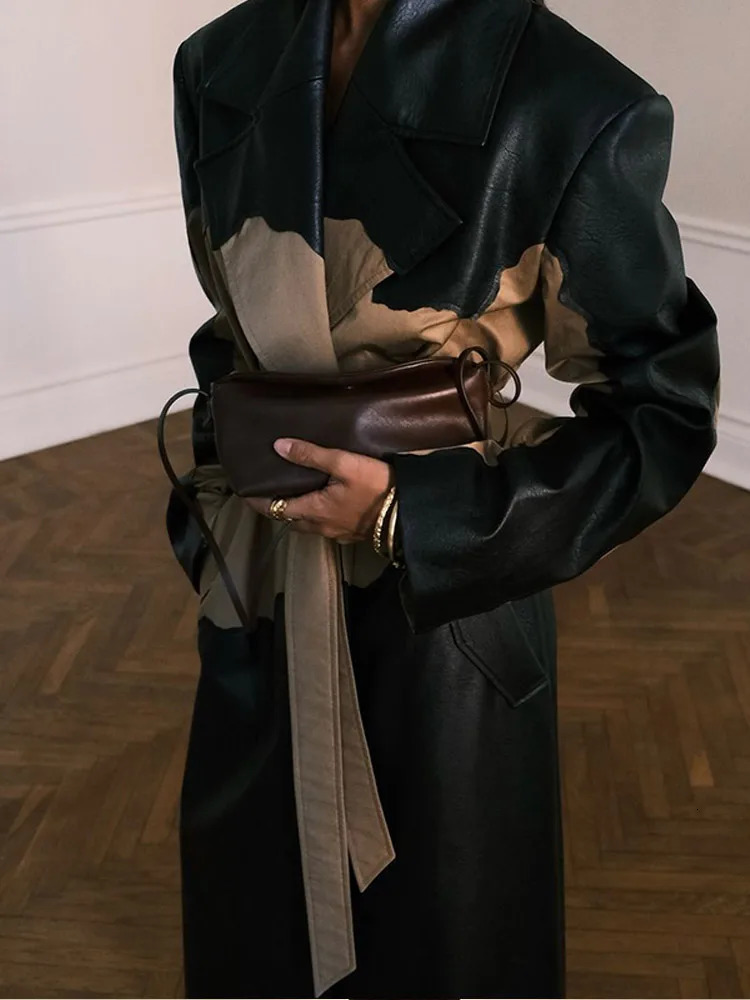 Chic Contrast Faux Leather Womens Long Jacket Lapel Open Front Thicken Trench Coat Winter Autumn Warm Outerwear With Belt 241129