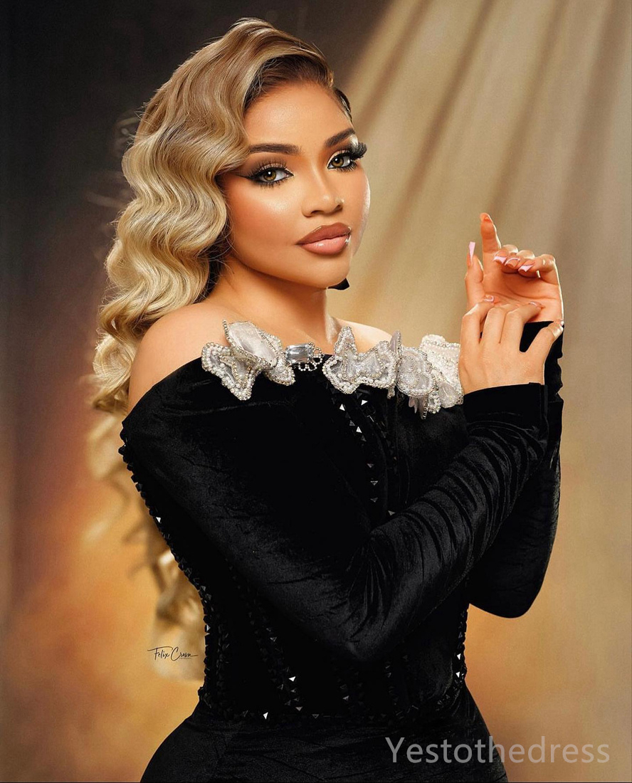 R&W urious Plus Size Prom Dresses for Special Ocns Promdress Feathered Off Shoulder Long Sleeves Veet Beaded Birthday Dress Second Reception Gowns AM8