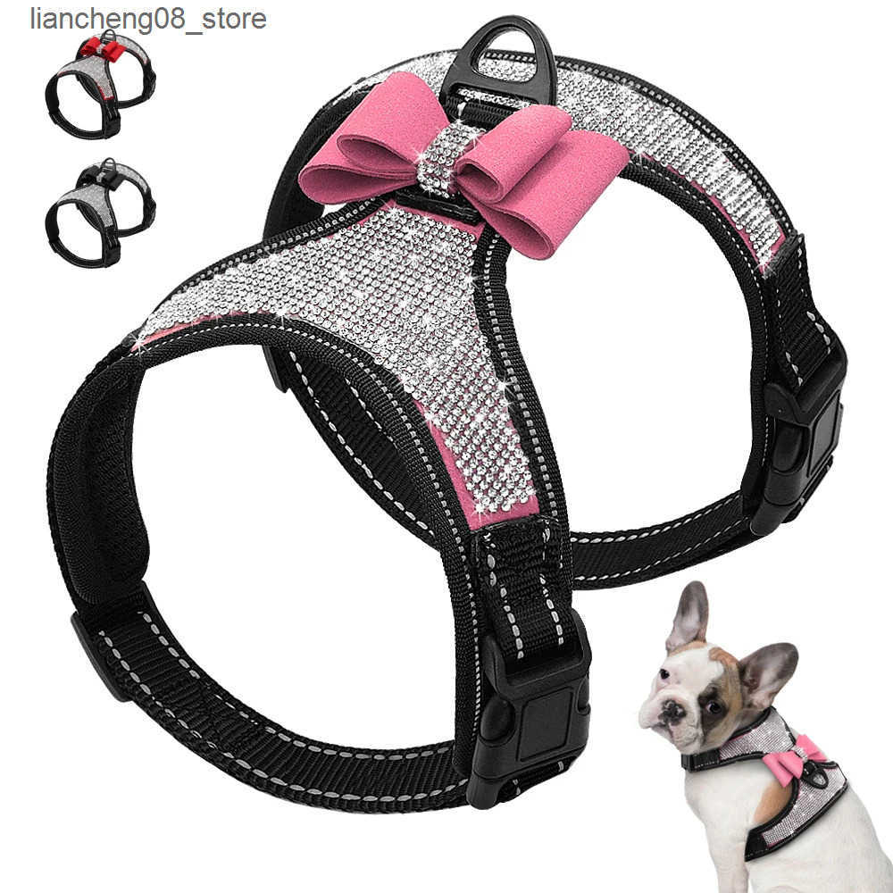 Dog Harnesses Reflective Dog Harness Nylon Pitbull Pug Small Medium Dogs Harnesses Vest Bling Rhinestone Bowknot Dog Accessories Pet Supplies L240910