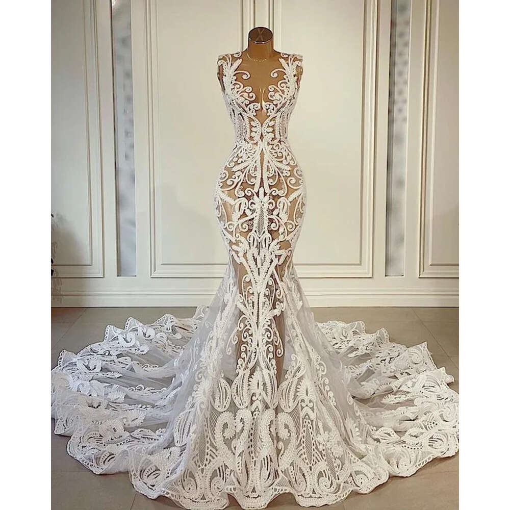 Aso Arabic Plus Size Ebi Vintage Sexy Lace See Through Mermaid Bridal Dresses Sheer Neck Wedding Gowns Zj
