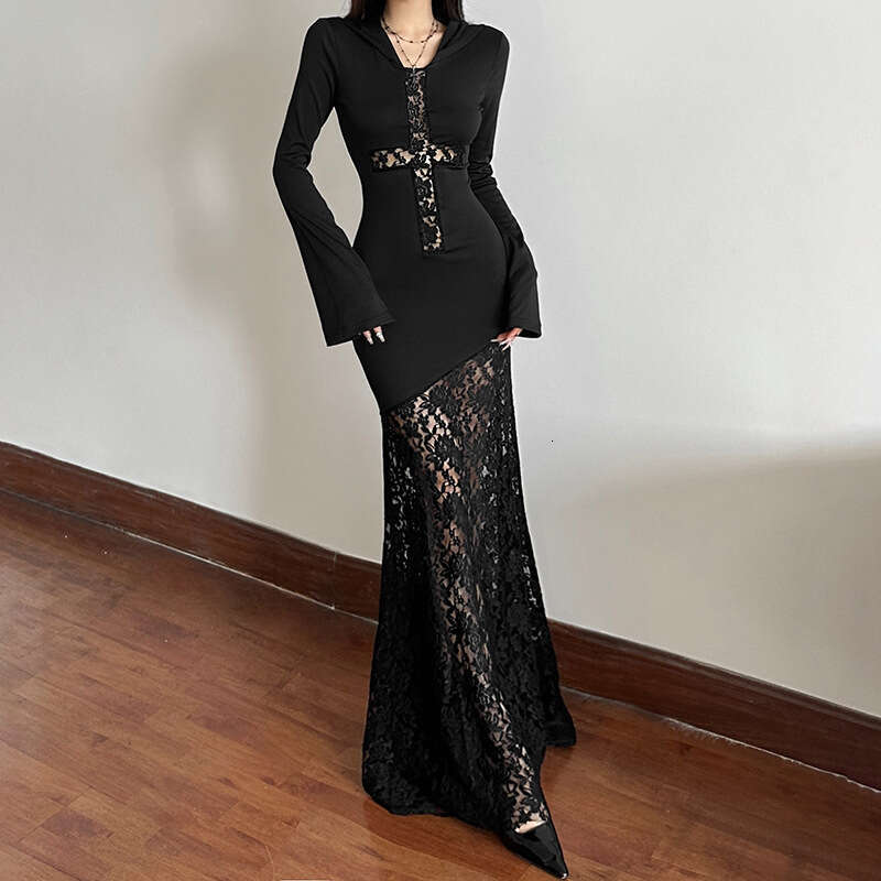 Wind 2024 Autumn New Women's Gothic Style Black Lace Unique Cross Sewing Dress