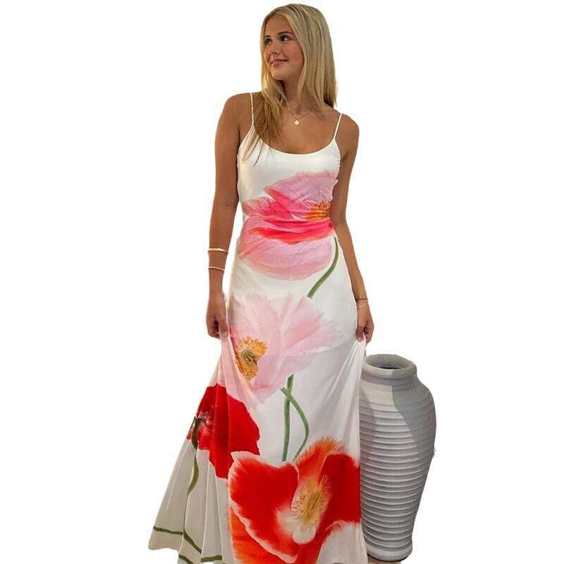 Spring Women's Fashion Print Hanging Strap Open Back Sexy Long Beach Dress Children's Spicy Girl