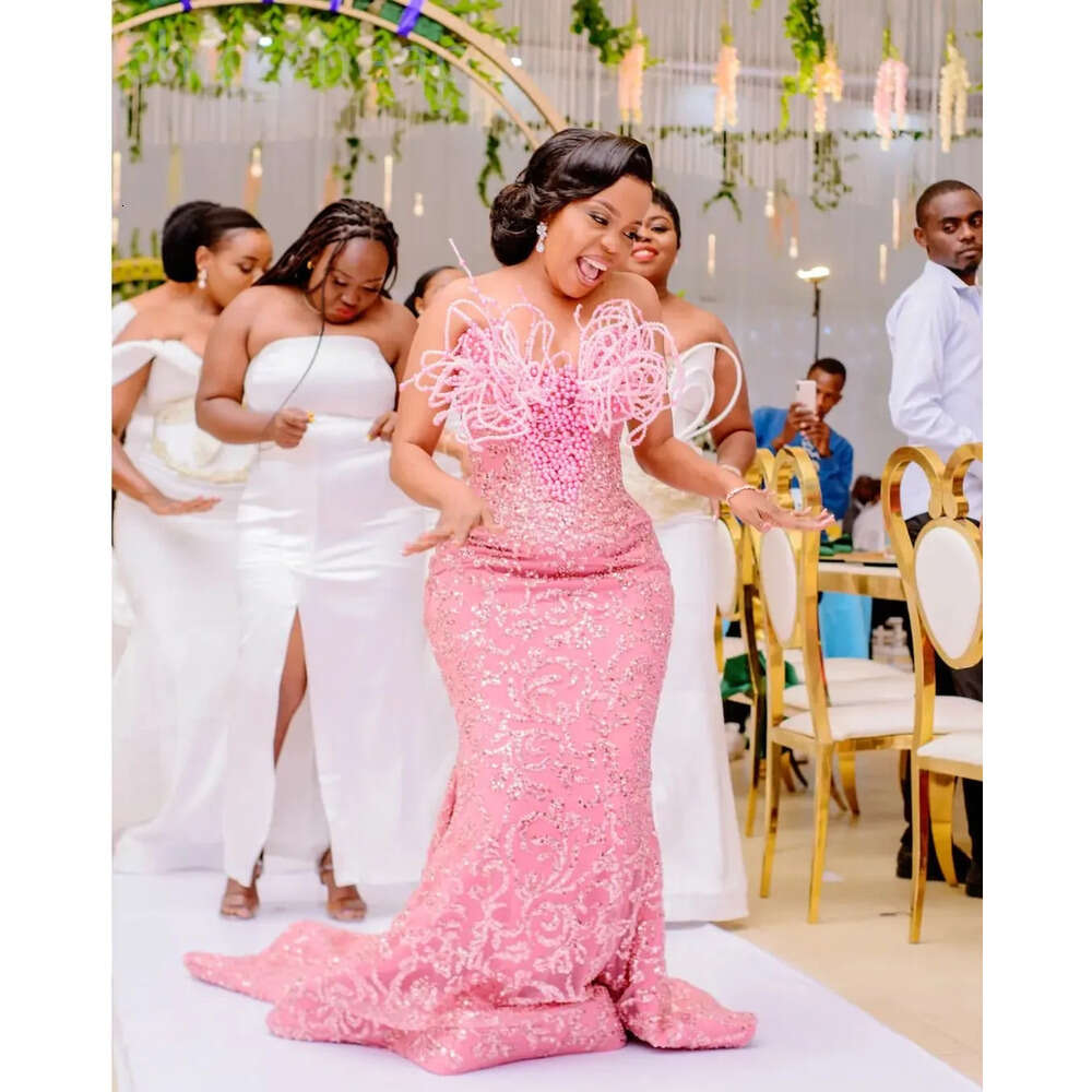 Aso Florals Pink Ebi Mermaid Prom Dress Pearls Sequined Evening Formal Party Second Reception Th Birthday Engagement Gowns Dresses Robe De Soiree Zj E