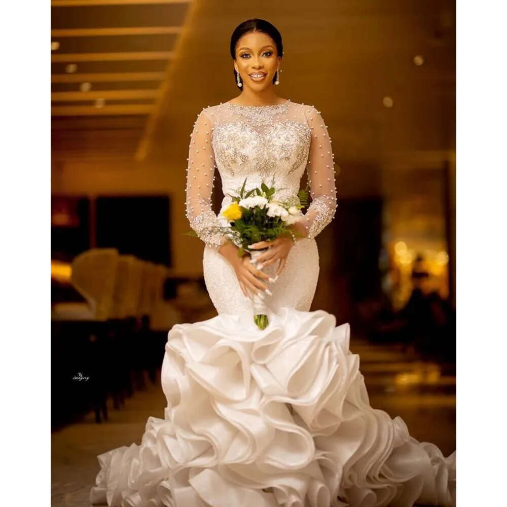 Aso Ebi Lace Crystals Exquisite 2024 Wedding Sheer Neck Beaded Tiers Bridal Gown 0218