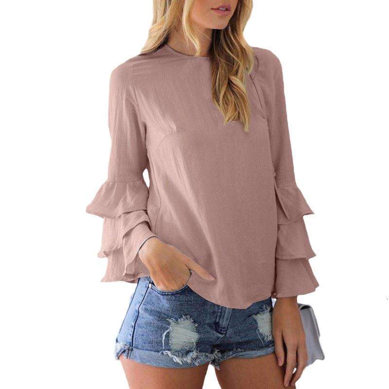 New European American Back Slit Round Neck Three-Layer Lotus Leaf Long Sleeved Shirt, Trendy Clothing, Fashionable And Casual Temperament B4