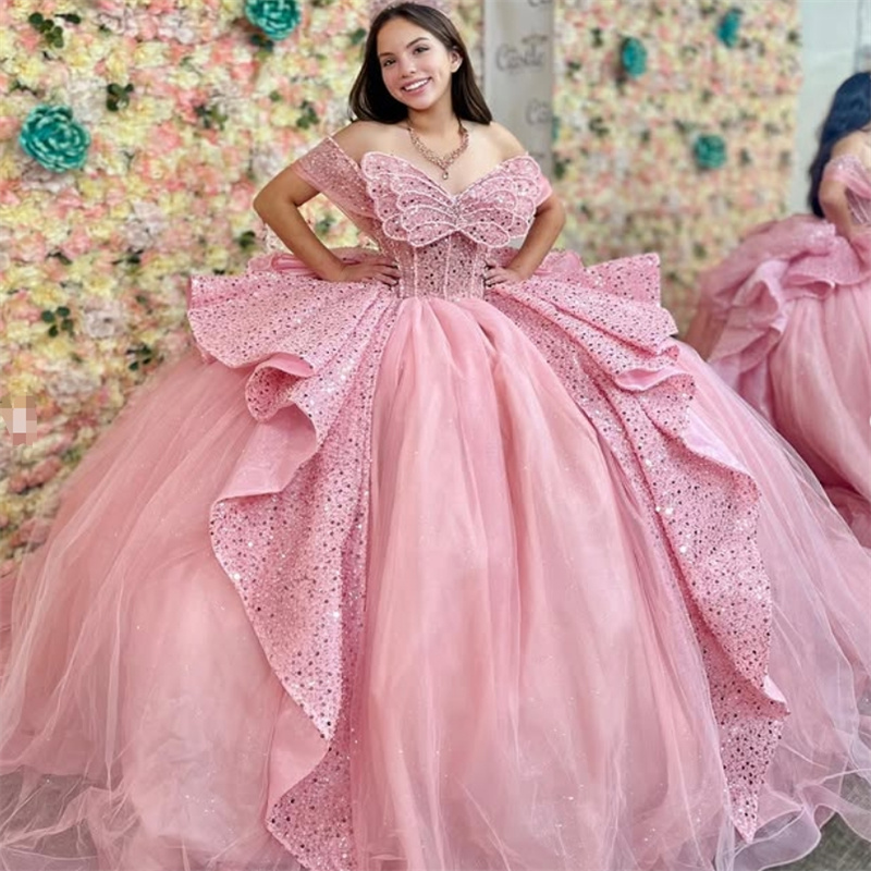 Gorgeous Pink Quinceanera Dresses Charro Sequin Princess Puffy Vestidos De 15 Anos Quinceanera Birthday Pageant Gown Off Shoulders Sparkly Special Occ