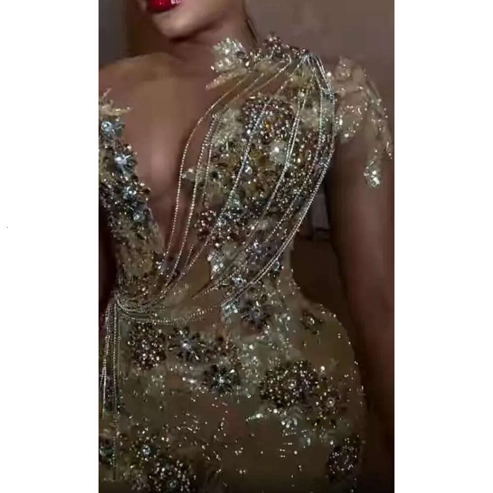 Aso Plus Ebi Arabic Size Gold Urious Mermaid Prom Dresses Lace Beaded Sheer Neck Evening Formal Party Second Reception Gowns Dress Zj 6660306
