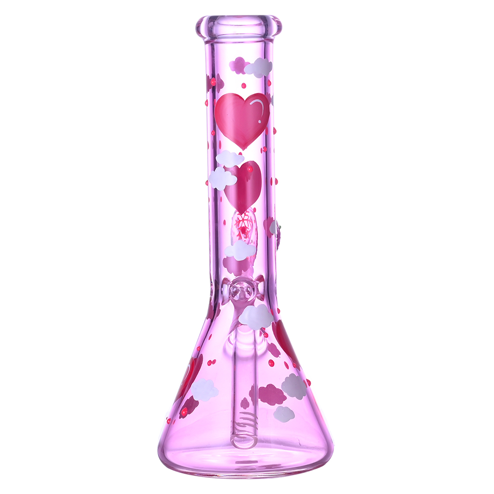 Glass Beaker Bong,Handdrawn Cartoon Love & Cloud Pattern,Glow In The Dark,Borosilicate Pink Glass Water Pipe,Glass Hookah,Valentine's Day Gift,Sm