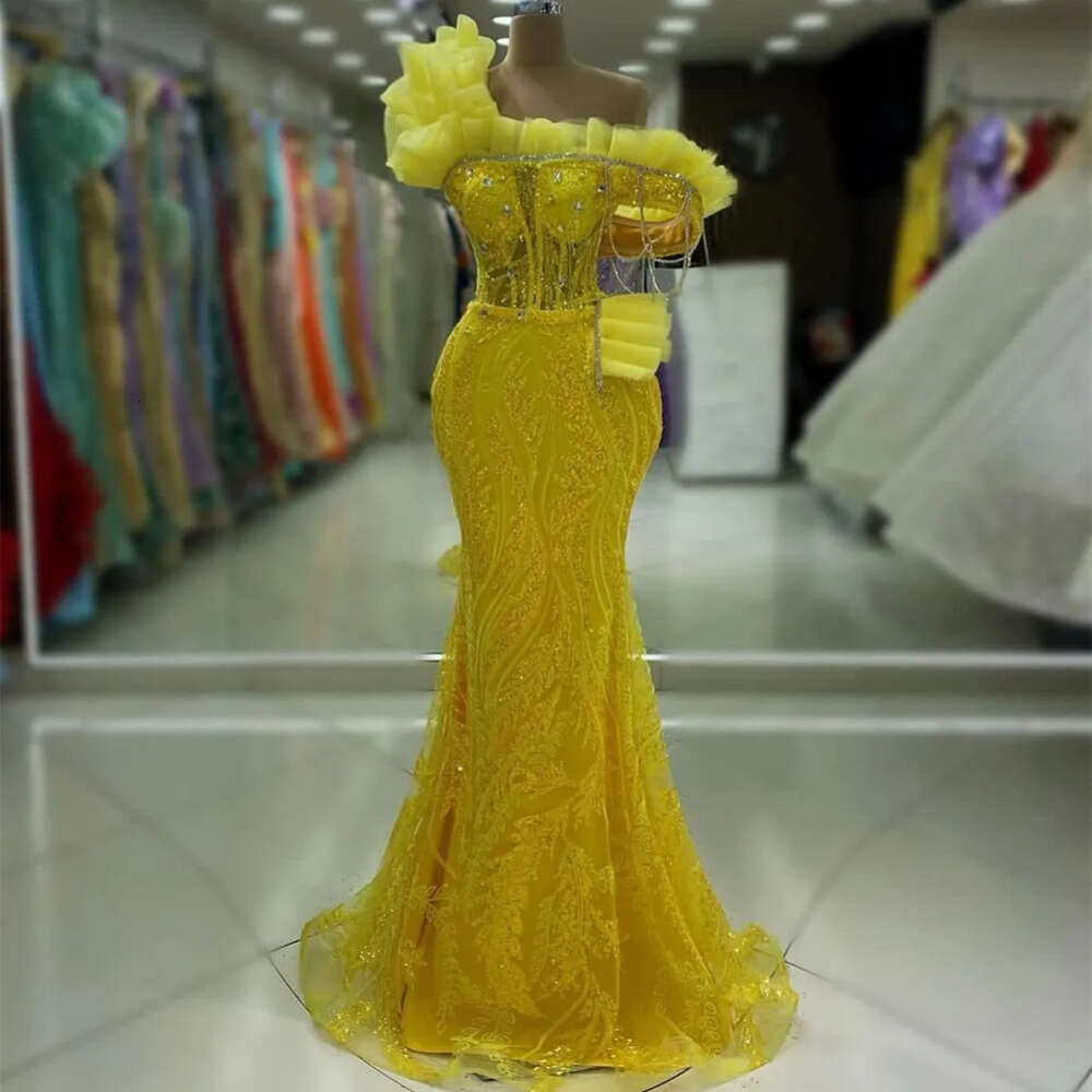 Mermaid Ebi Aso Yellow Prom Dress Crystals Sequined Lace Evening Formal Party Second Reception Birthday Engagement Gowns Dresses Robe De Soiree Zj Es 