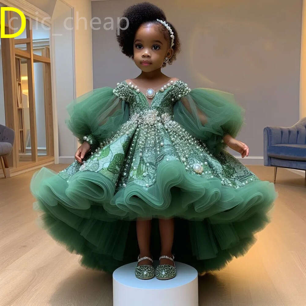 Flower Printed Royal Green Dresses Ball Gown Tulle Tiers Pearls Beaded Luxurious Little Girl Christmas Peageant Birthday Christening Tutu Dress Gowns 