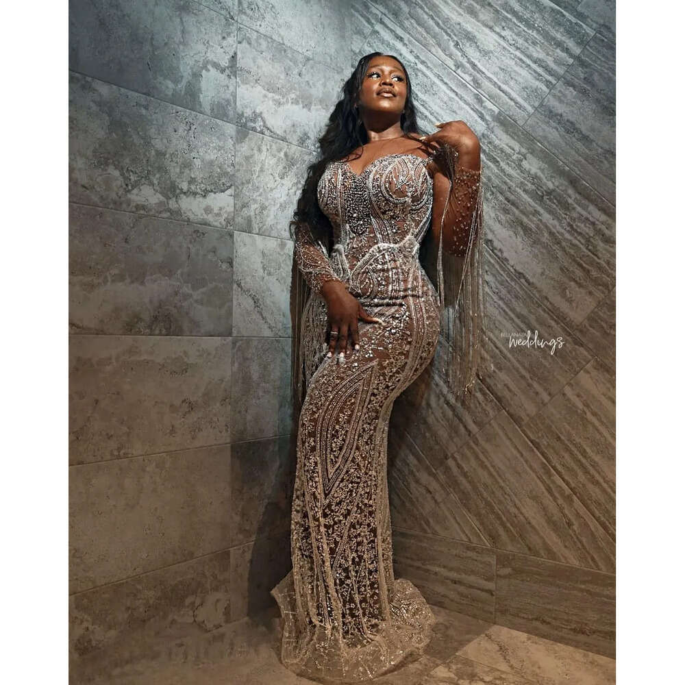 Aso Plus Size Arabic Ebi Urious Sier Mermaid Prom Dresses Beaded Lace Sheer Neck Evening Formal Party Second Reception Gowns Dress Zj 6660306