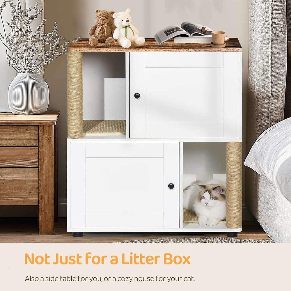 For 2 Cat, Hidden Double Encloure Furniture With Scratching Pot, Wooden Wahroom Furniture, Indoor Cat Houe End Table, Fit Mot Of Litter Box